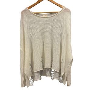 POL Boho Distressed Knit Ivory White Poncho Sweater, Medium